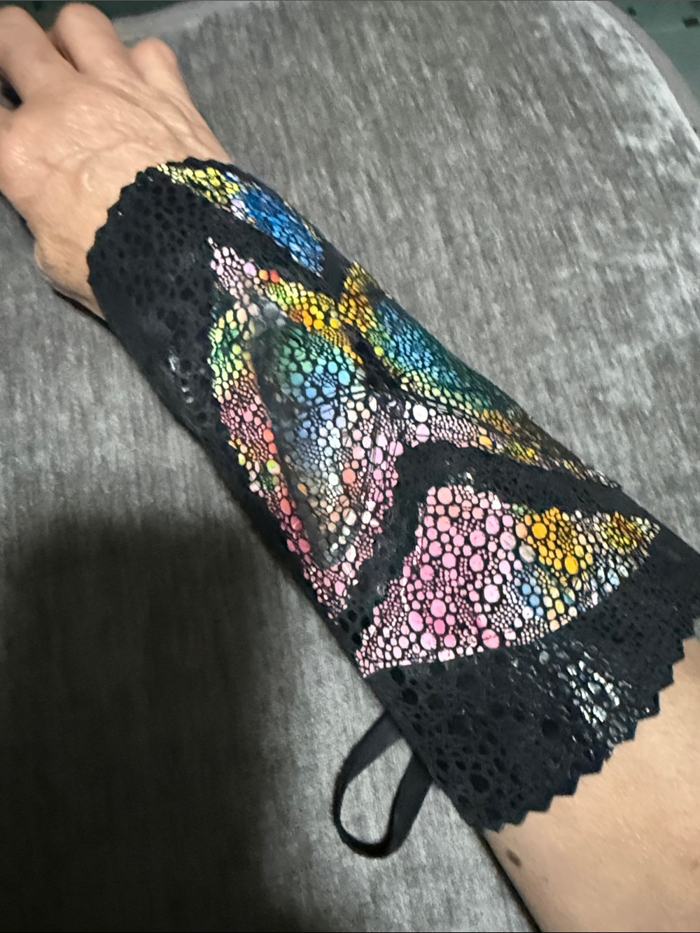 Black Leather Cuff with Multicolor Butterfly Design